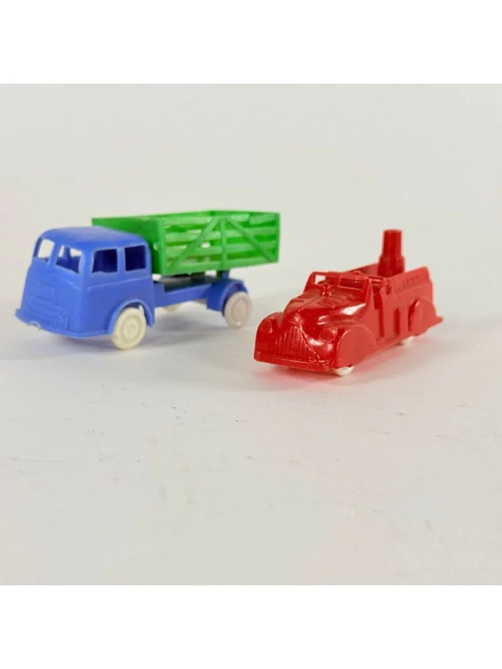 Vintage Plastic Renwal Toy Fire Truck & Cargo Truck Set Red Blue Green -